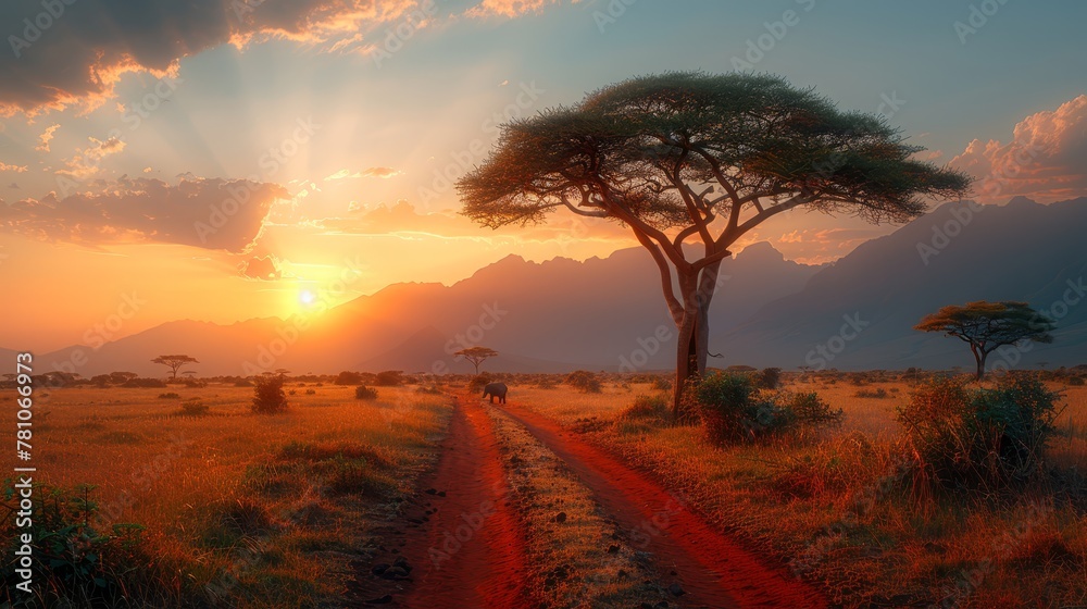 A dirt path winding to a solitary tree in a lush, grassy expanse Mountains backdropped by setting sun A dirt path winding to a solitary tree in a lush, grassy expanse Mountains backdropped by setting sun