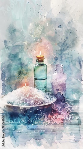 Close-up of a spa setting in watercolor style: soft washes of color depict bath salts, essential oils, and a flickering candle