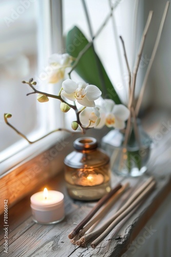 Close-up of a weathered wooden window ledge with a white orchid in bloom  a glass oil diffuser  and a flickering tea light