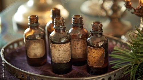 Detailed close-up of antique apothecary bottles with faded labels, filled with essential oils, resting on a velvet-lined tray