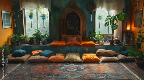 Cozy Bohemian Style Interior with Plants and Decorative Pillows © lin