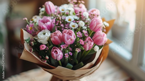   A brown paper-wrapped bouquet of pink tulips and white daisies on a window sill #781067333