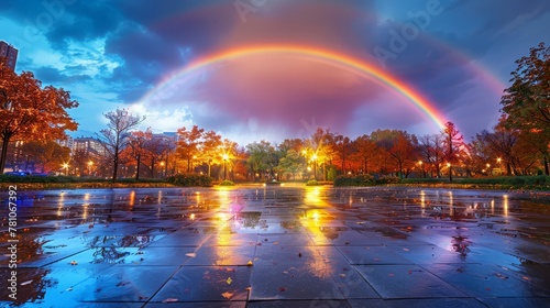  A rainbow arcs over a park's puddle, trees and buildings behind