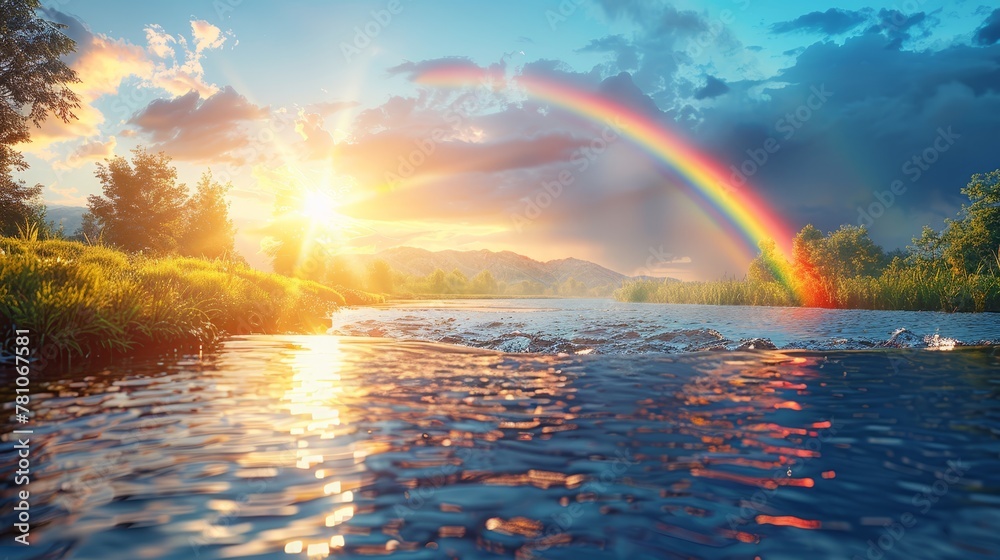   A rainbow arches over a body of water, with mountainsdistant and trees in the foreground