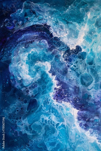Ocean waves texture, swirling foam, deep blues and turquoise