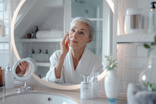 Elderly woman applies cream to face, looking in mirror, bathrobe on, in a well-lit bathroom