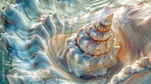 Seashell texture, pearlescent interior, swirling with ocean magic