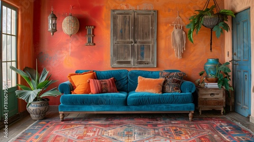Bohemian Living Room with Blue Velvet Sofa and Orange Wall