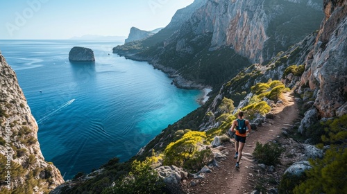 Trail runner disappearing around a bend on a coastal path overlooking turquoise waters and dramatic cliffs