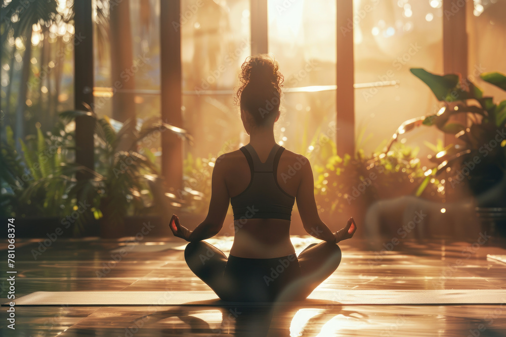 Woman meditating in a peaceful room with sunlight filtering through large windows, wearing a smart posture tracker Woman meditating in a peaceful room with sunlight filtering through large windows, wearing a smart posture tracker