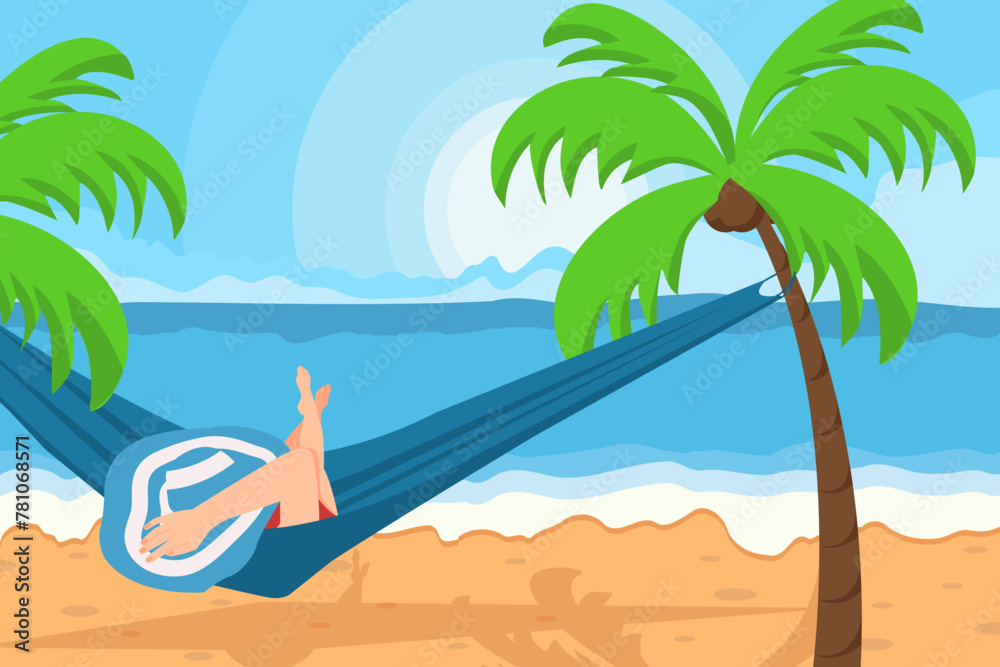 Tropical colorful summer beach,palm leaves,girl relaxing in hammock. Template for invitation, sale, poster, home decor, cover, wallpaper. Vector illustration