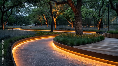 Illuminated Pathway in Tranquil Park at Dusk photo