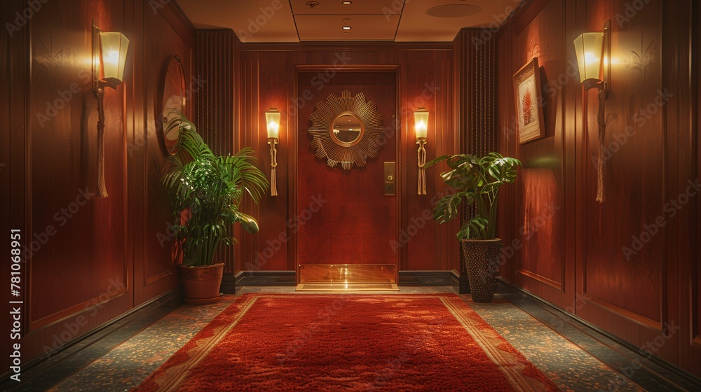 Fototapeta premium Elegant Hotel Elevator Lobby with Decorative Wall Mirror