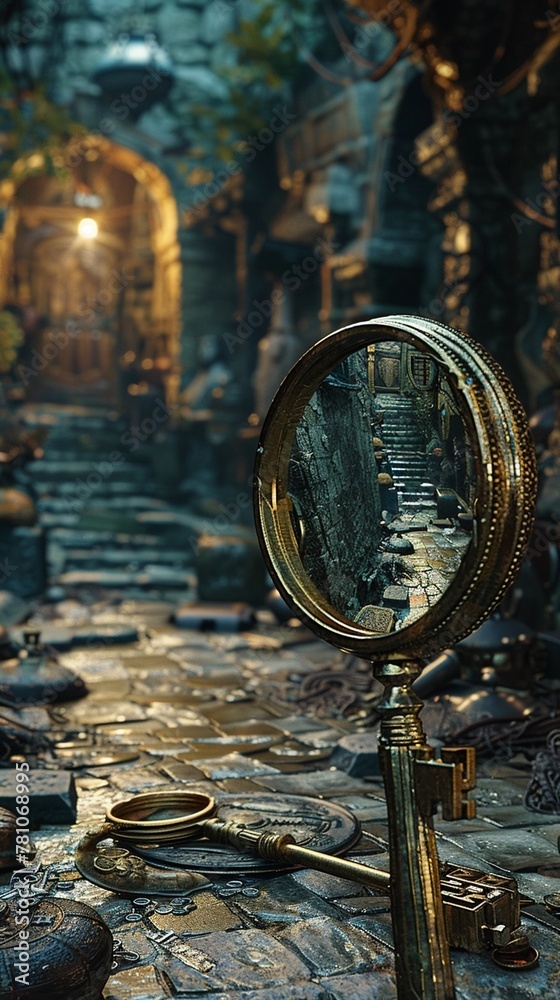Imagine a scene of discovery and anticipation in a frontal view design for a treasure hunt theme Incorporate elements like a magnifying glass, ancient artifacts, and a mysterious key 