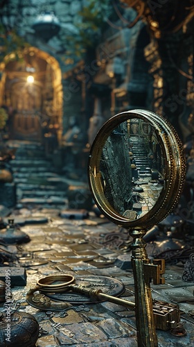 Imagine a scene of discovery and anticipation in a frontal view design for a treasure hunt theme Incorporate elements like a magnifying glass, ancient artifacts, and a mysterious key 