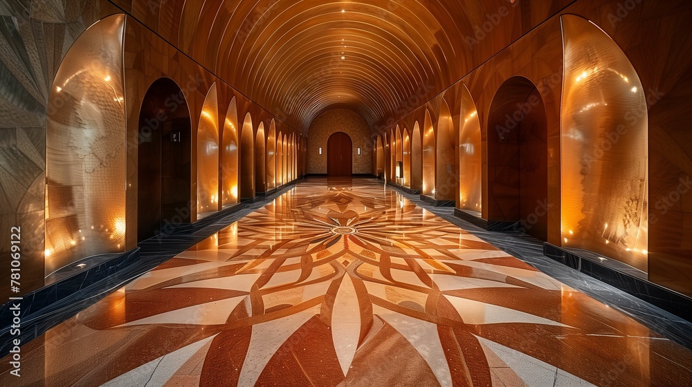 Symmetrical View of an Ornate Hallway with Arched Doorways and Patterned Floor