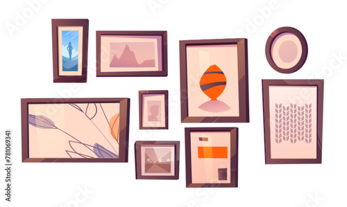 Pictures and photography in wooden frame hanging on wall. Home or museum gallery with paintings and photos. Cartoon vector illustration set of different shape borders for collage interior decoration.