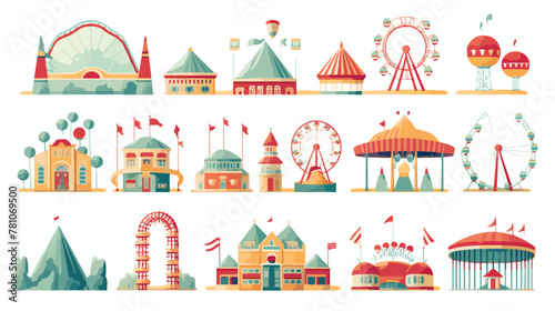 Flat vector set of amusement park icons. Funfair at