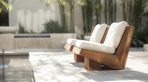 Two wooden lounge chairs with white cushions sit on a stone terrace overlooking a reflecting pool
