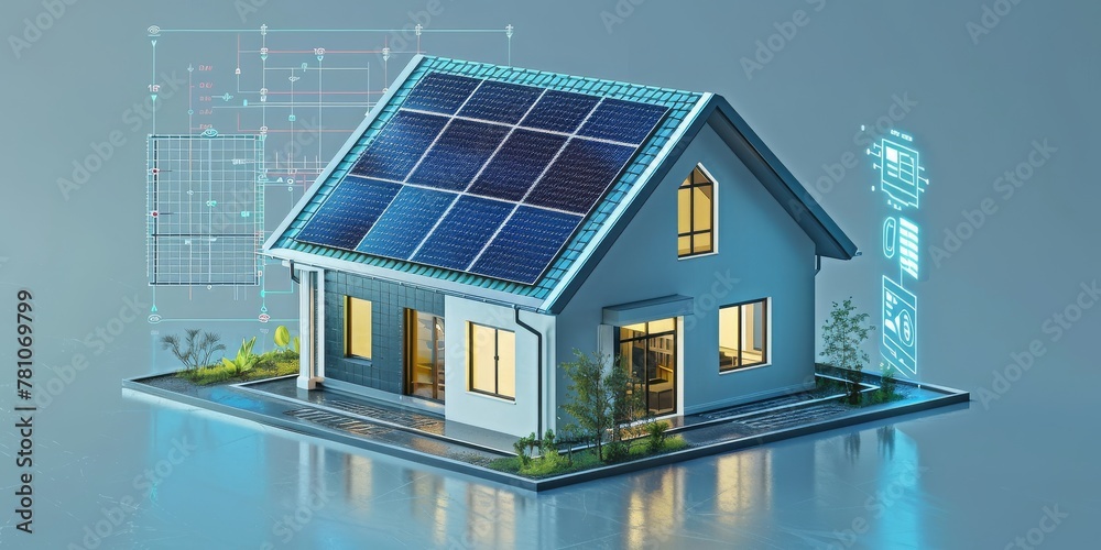 Home of the Future: A Digitally Rendered Eco-Friendly House with Solar Panels Showcasing Sustainable Living Innovations, Generative AI Home of the Future: A Digitally Rendered Eco-Friendly House with Solar Panels Showcasing Sustainable Living Innovations, Generative AI