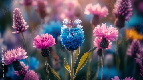   A tight shot of a flower bouquet against a softly blurred backdrop of blue  pink  and yellow blossoms