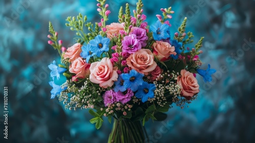   A vase with a bouquet of pink  blue  and purple flowers sits on a tablecloth with blue and green hues