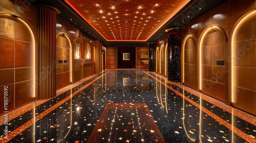 Luxurious Hotel Corridor with Starry Carpet and Elegant Lighting