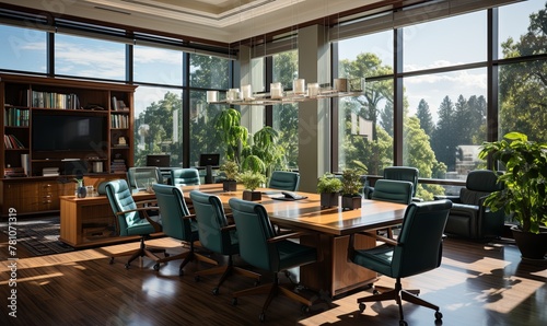 Large Wooden Table Surrounded by Blue Chairs