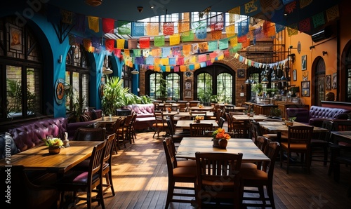 Restaurant With Tables, Chairs, and Flags