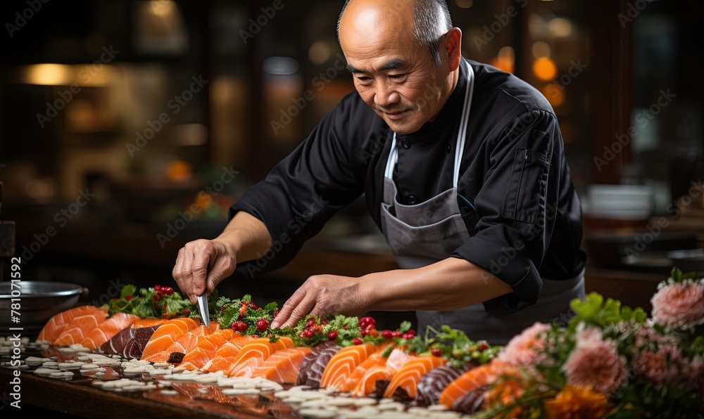Man Cutting Sushi on Table Man Cutting Sushi on Table