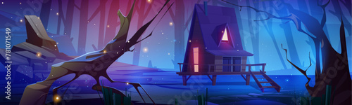 Wooden house on stilts in forest at night. Cartoon vector dark dusk woodland landscape with little cozy rural hut or hotel cabin with light in windows, trees and snag, stone path and fireflies.
