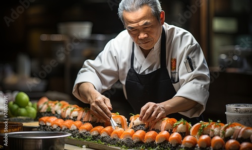 Chef in Uniform Cutting Sushi on Table