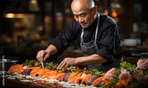 Man Cutting Sushi on Table