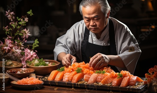 Chef in Uniform Preparing Sushi