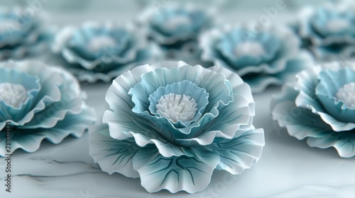   A group of blue flowers sits atop a white countertop, adjacent to a white and gray one
