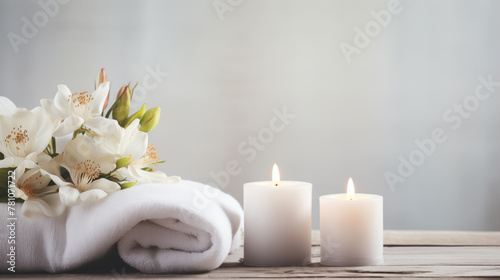 Relaxing spa atmosphere with candles, white towels, and alstroemeria flowers. photo