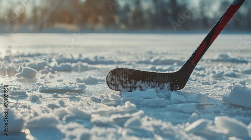 Hockey stick at icy rink with distant snowball