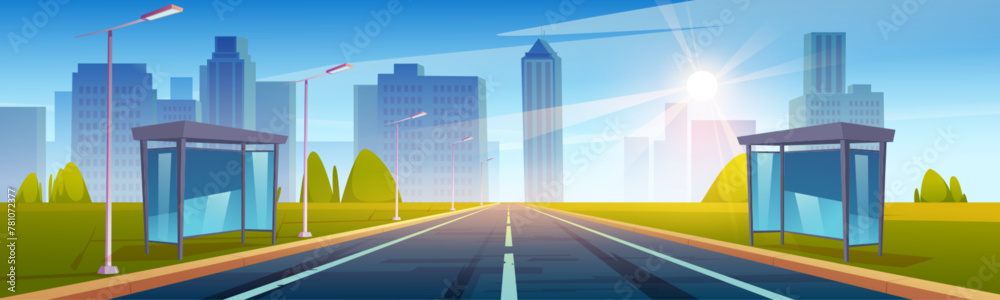 Fototapeta premium Straight road to modern city with high buildings, street lights and bus stops. Cartoon vector illustration of asphalt highway lead to metropolis with skyscrapers, sun on blue sky during summer day.