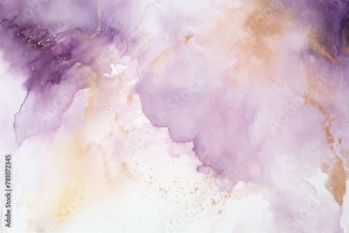 An abstract watercolor background with gentle pastel tones of light pink and purple, elevated by glistening golden stripes and splatters. photo