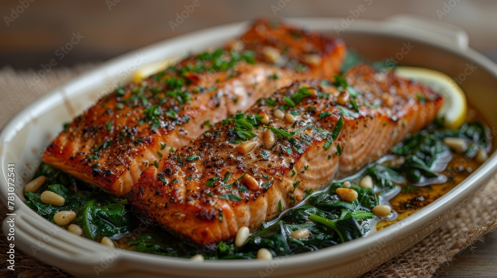 A tight shot of two salmon fillets atop a bed of spinach and pine nuts on a cloth tablecloth A tight shot of two salmon fillets atop a bed of spinach and pine nuts on a cloth tablecloth