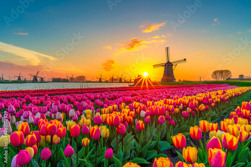 A field of tulips with a windmill in the background photo