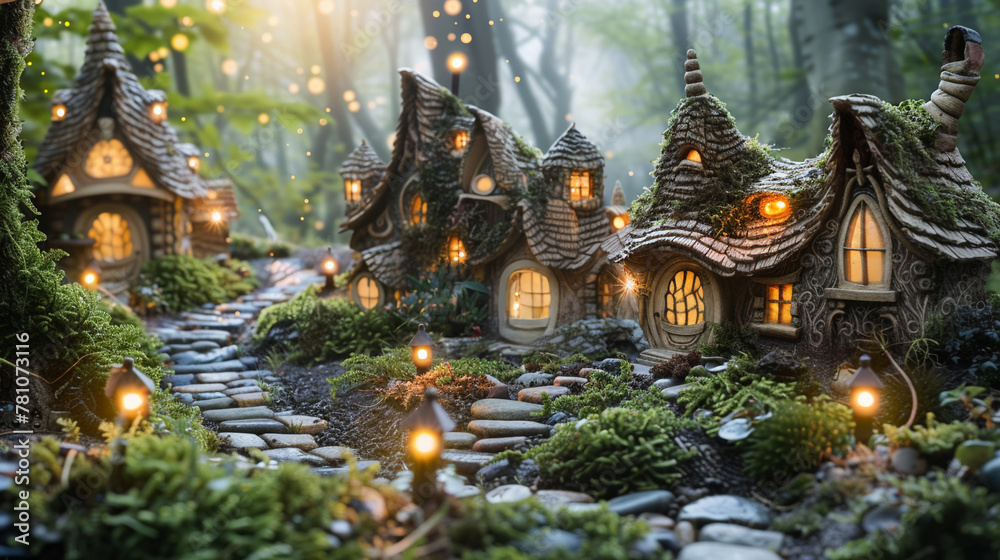 Magical Hidden Fairy Villages Nestled within Lush Forest with Glowing Lanterns and Magical Tree Houses