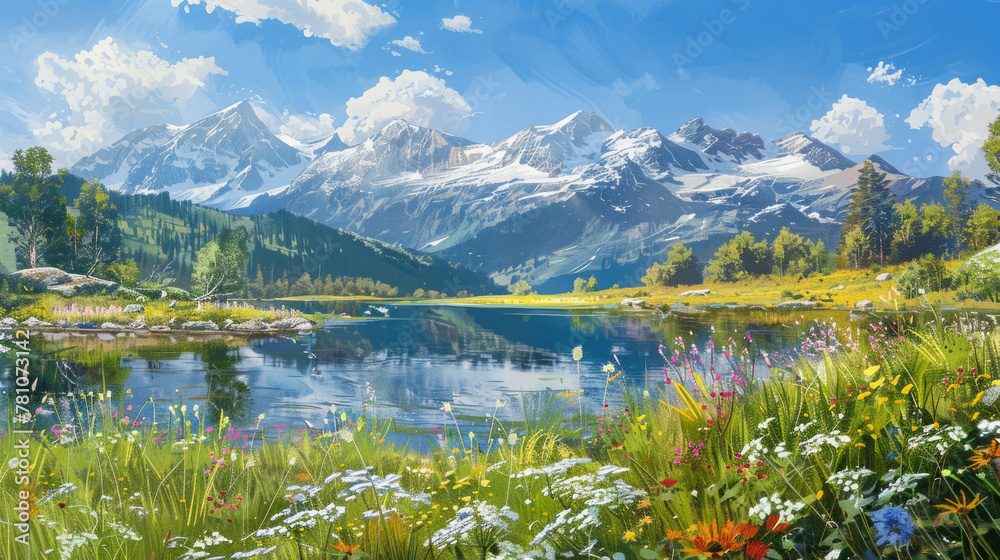 Watercolor alpine scene with snow mountains and clear lake reflecting the surroundings. Wildflowers meadow
