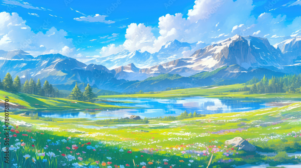 Obraz premium Clean mountains scene painting with clear lake, wildflowers and bright sky