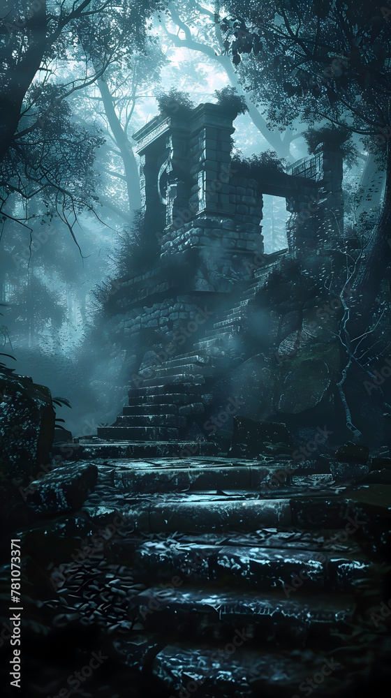 Mystic Moonlit Forest Shrouded in Ethereal Mist Revealing Glowing Iridescent Ancient Ruins in Cinematic Fantasy Landscape