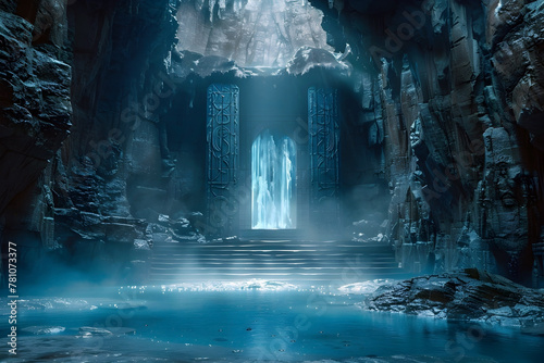 Mystical Forgotten Temple Adorned with Arcane Sigils in Enchanted Bioluminescent Cavern
