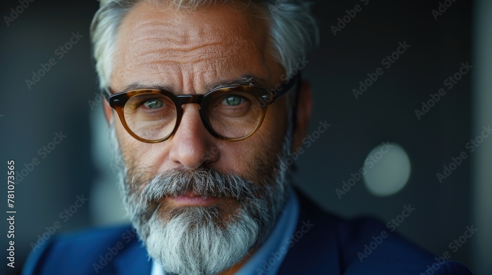 A close-up shot of a businessman's confident expression during a video conference call. A close-up shot of a businessman's confident expression during a video conference call.