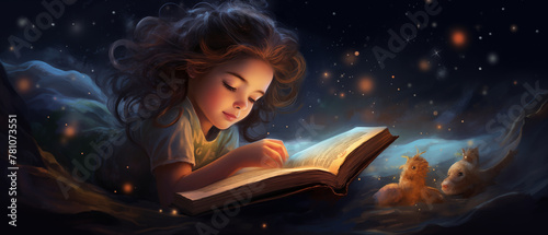 Child is dreaming while reading book photo