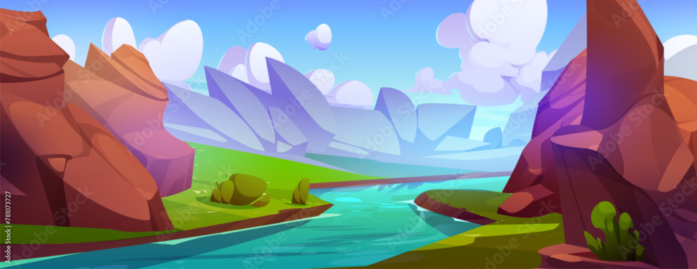 River flowing in rocky canyon valley. Vector cartoon illustration of stream with clear water, green bushes and grass, big brown stones under blue sunny sky with white fluffy clouds, game background - obrazy, fototapety, plakaty 