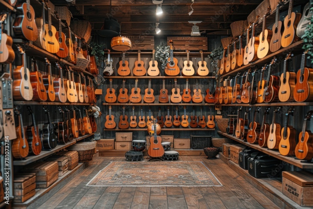 Building with shelves of guitars, creating symmetry in a room